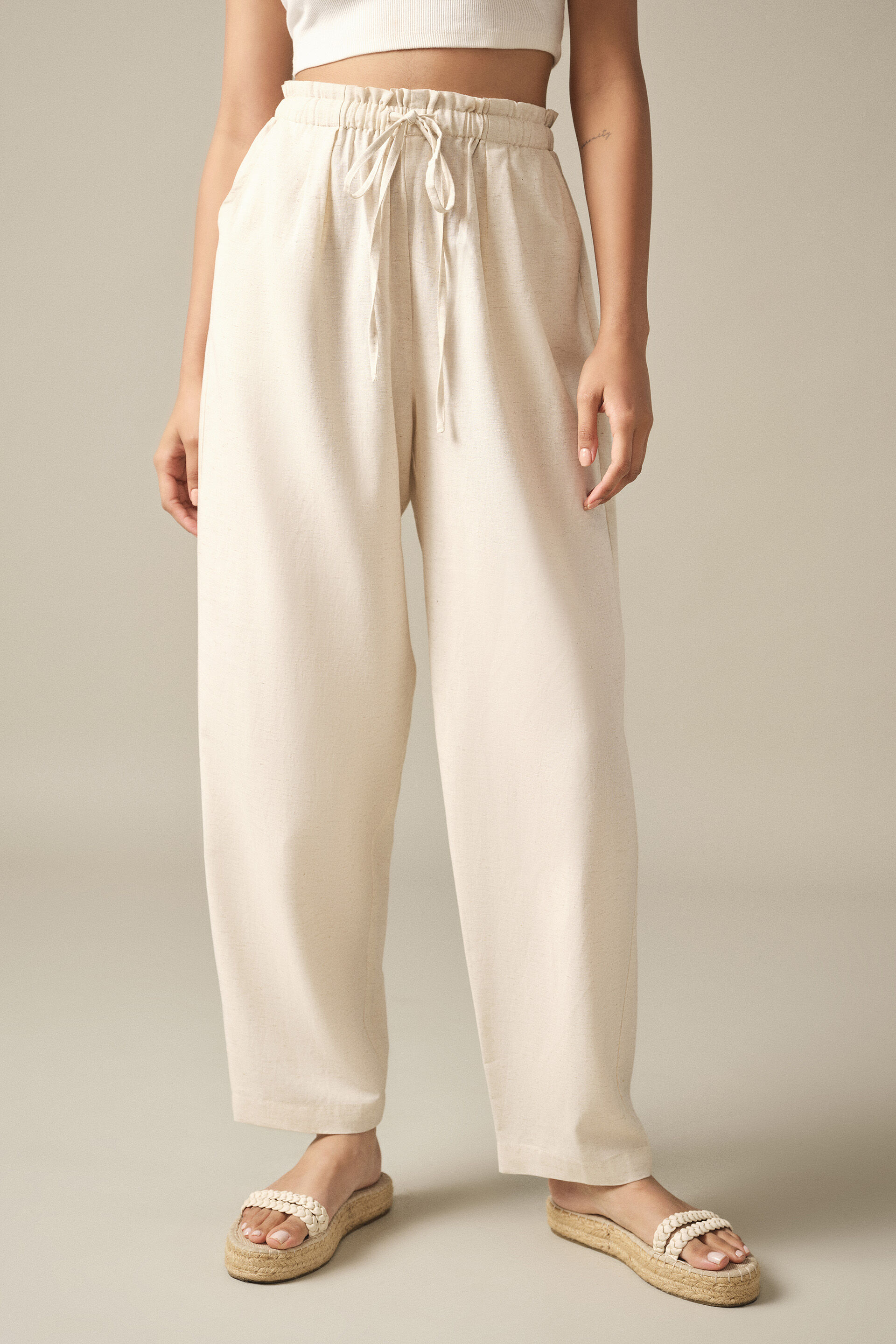 High-waist Drawstring Pants in Natural